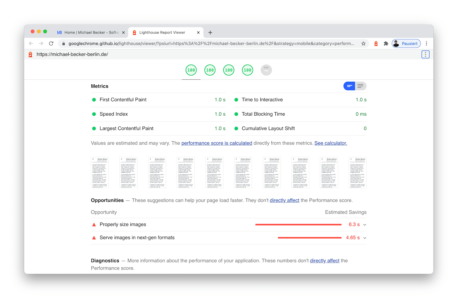 Screenshot des Ergebnisses der Webseiten Überprüfung