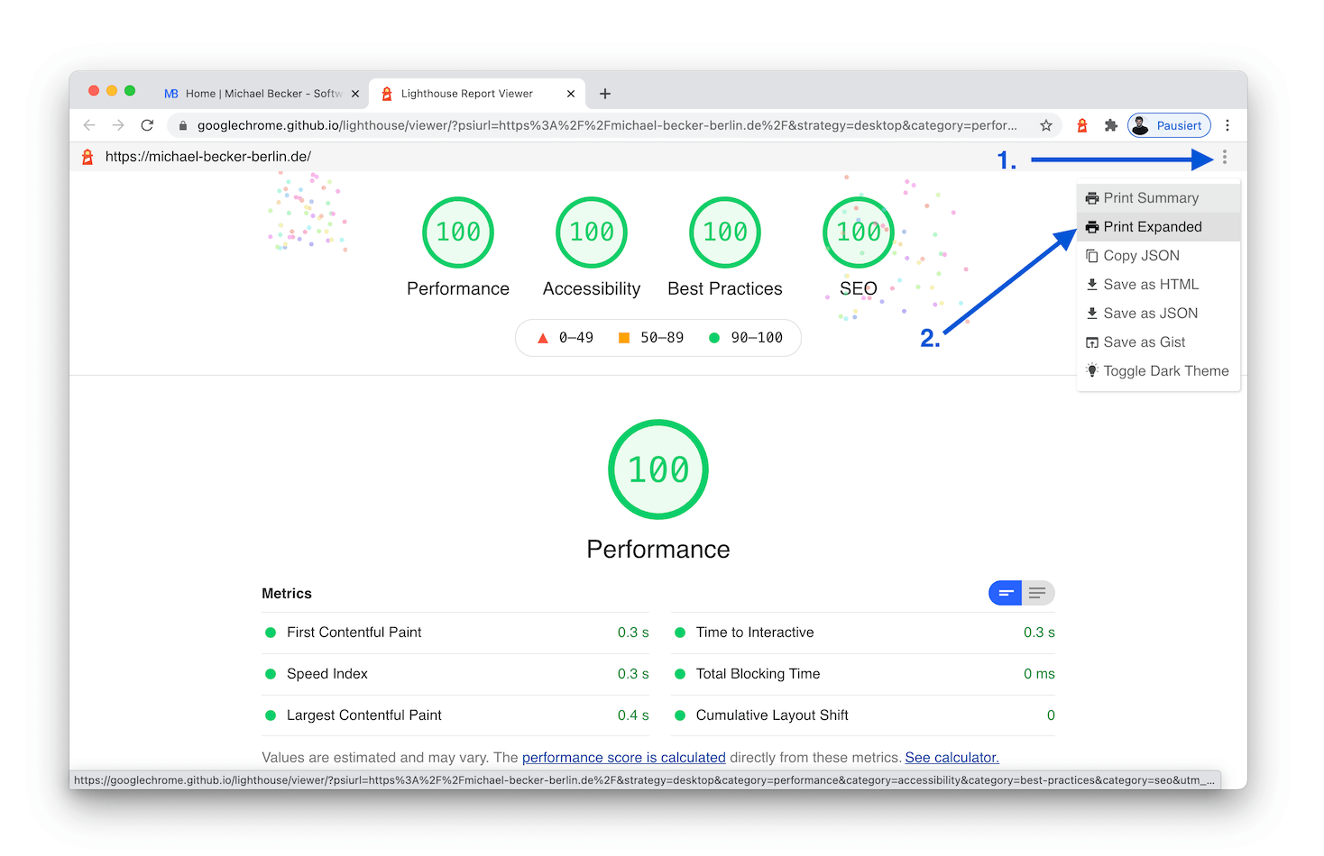 Screenshot of how the Lighthouse Report can be printed